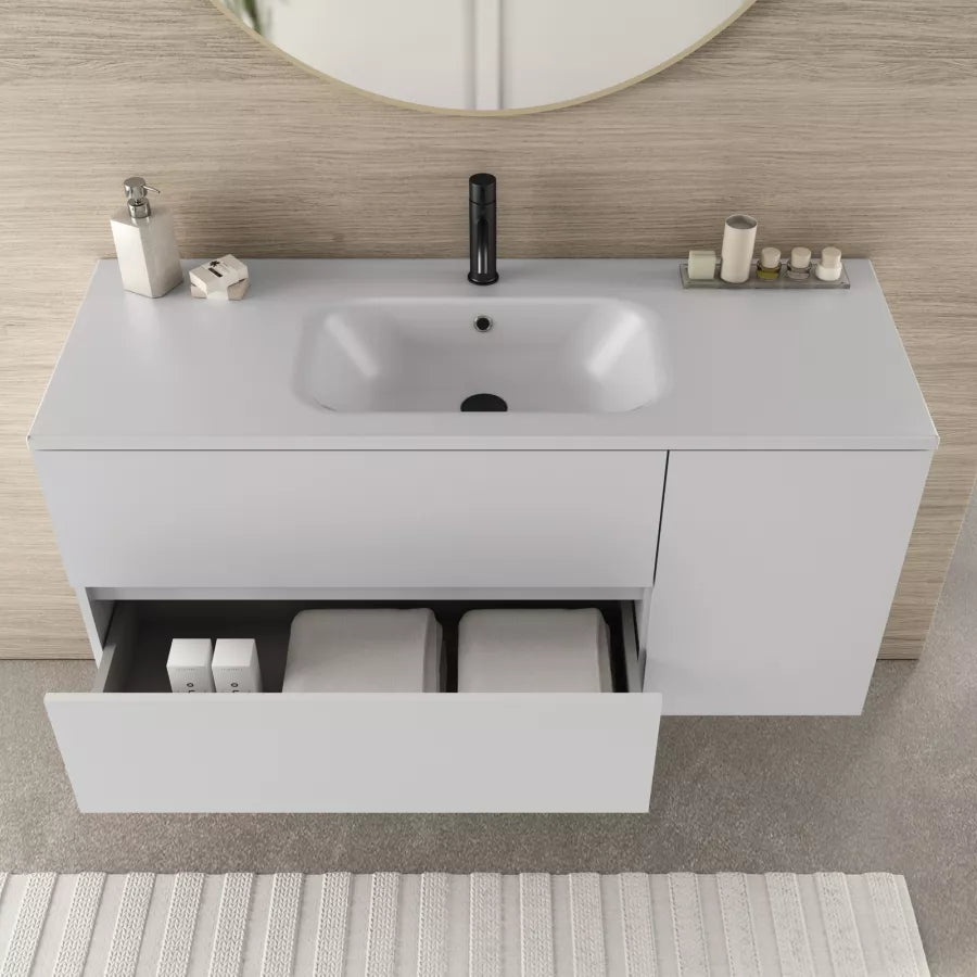 Mobile bagno sospeso 120 cm con cassetti bianco opaco e specchio