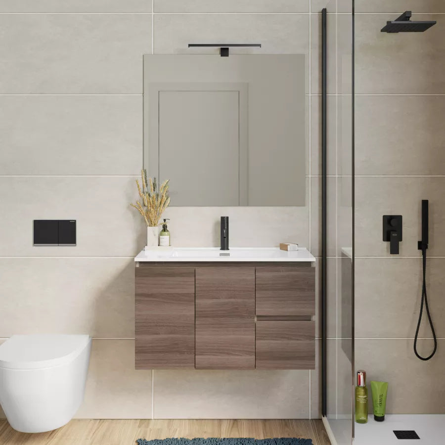 Mobile bagno sospeso 80 cm salvaspazio profondo 35,5 cm con ante cassetti rovere chiaro