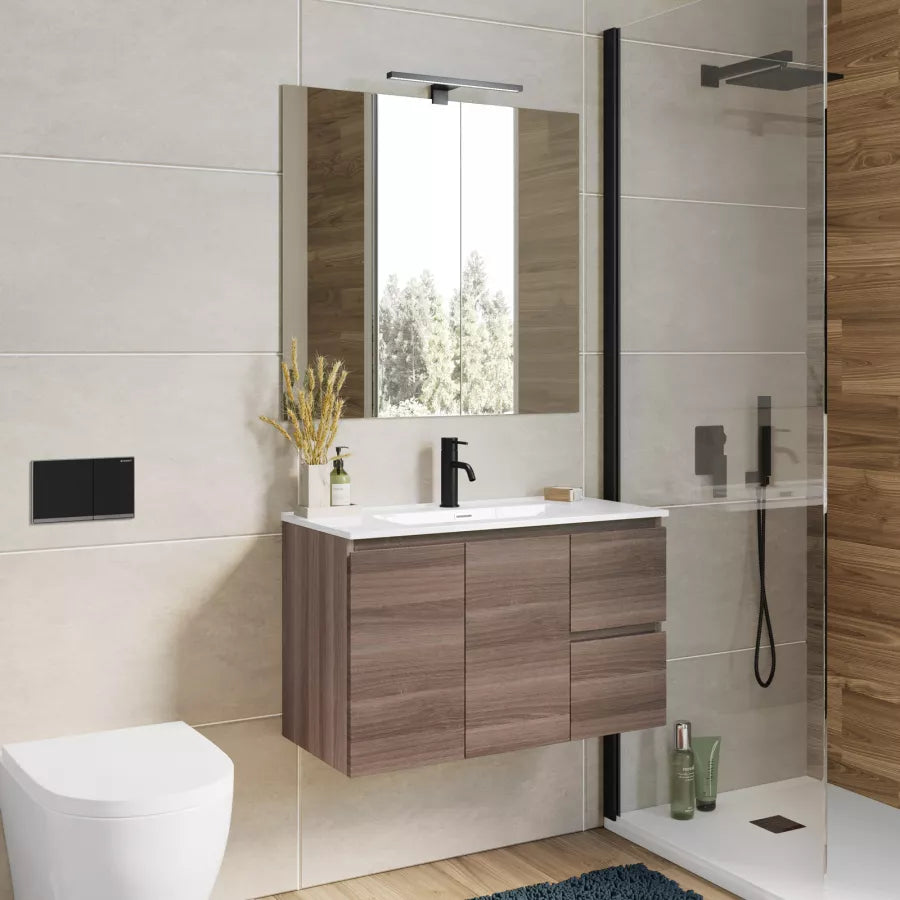 Mobile bagno sospeso 80 cm salvaspazio profondo 35,5 cm con ante cassetti rovere chiaro