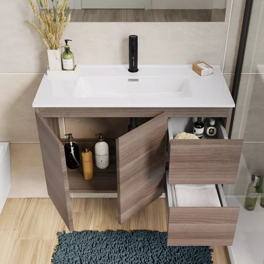 Mobile bagno sospeso 80 cm salvaspazio profondo 35,5 cm con ante cassetti rovere chiaro