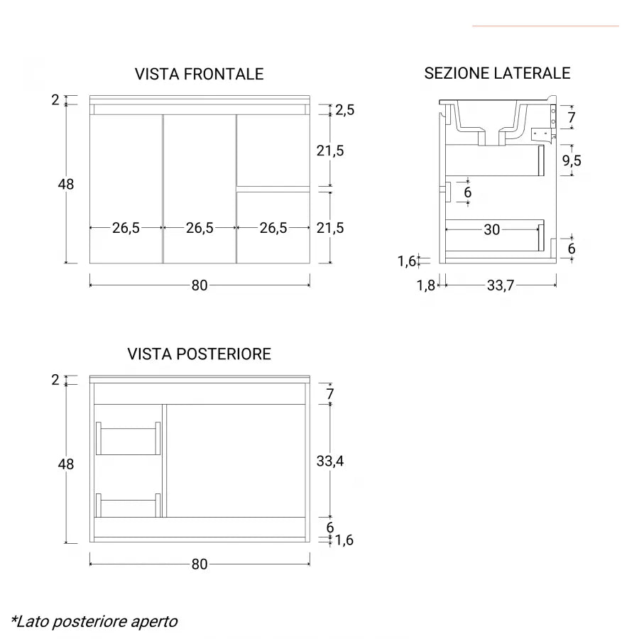 Mobile bagno sospeso 80 cm salvaspazio profondo 35,5 cm con ante cassetti rovere chiaro
