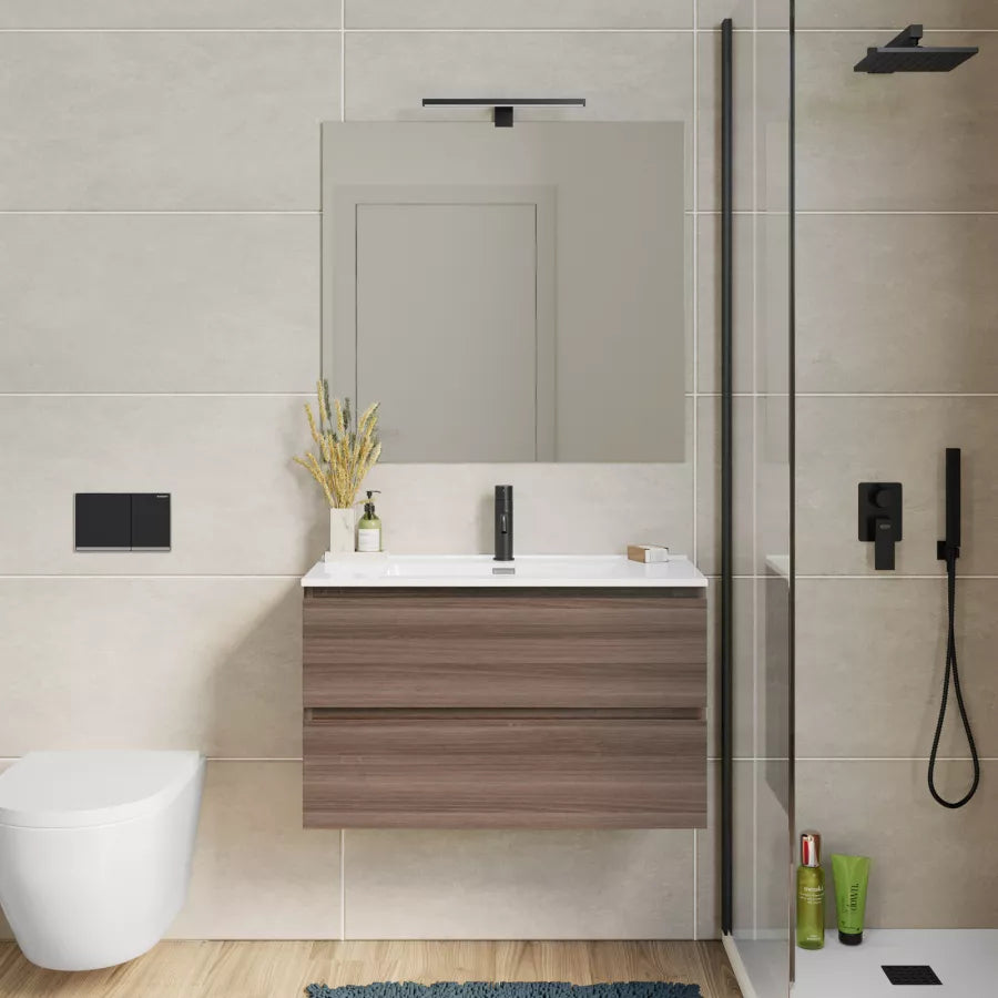 Mobile bagno sospeso 80 cm salvaspazio profondo 35,5 cm con cassetti rovere chiaro