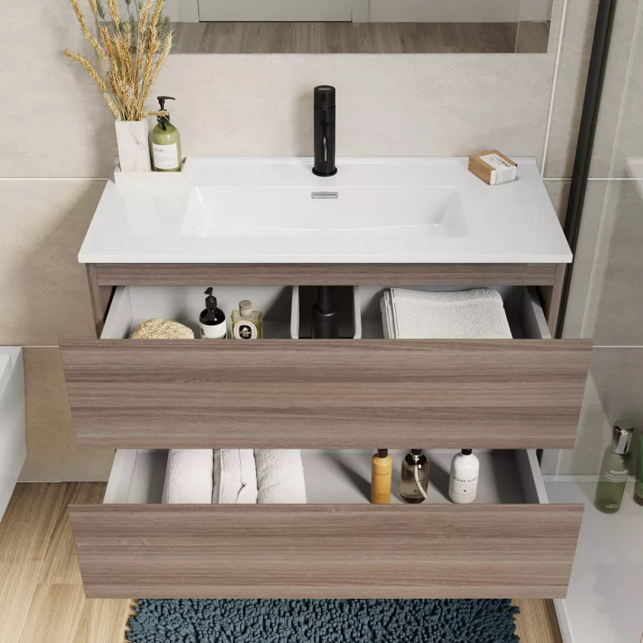 Mobile bagno sospeso 80 cm salvaspazio profondo 35,5 cm con cassetti rovere chiaro