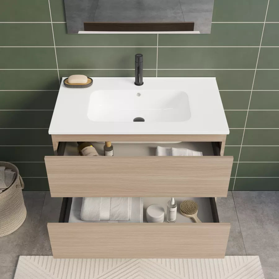 Mobile da bagno sospeso 80 cm con 2 cassetti rovere arbor
