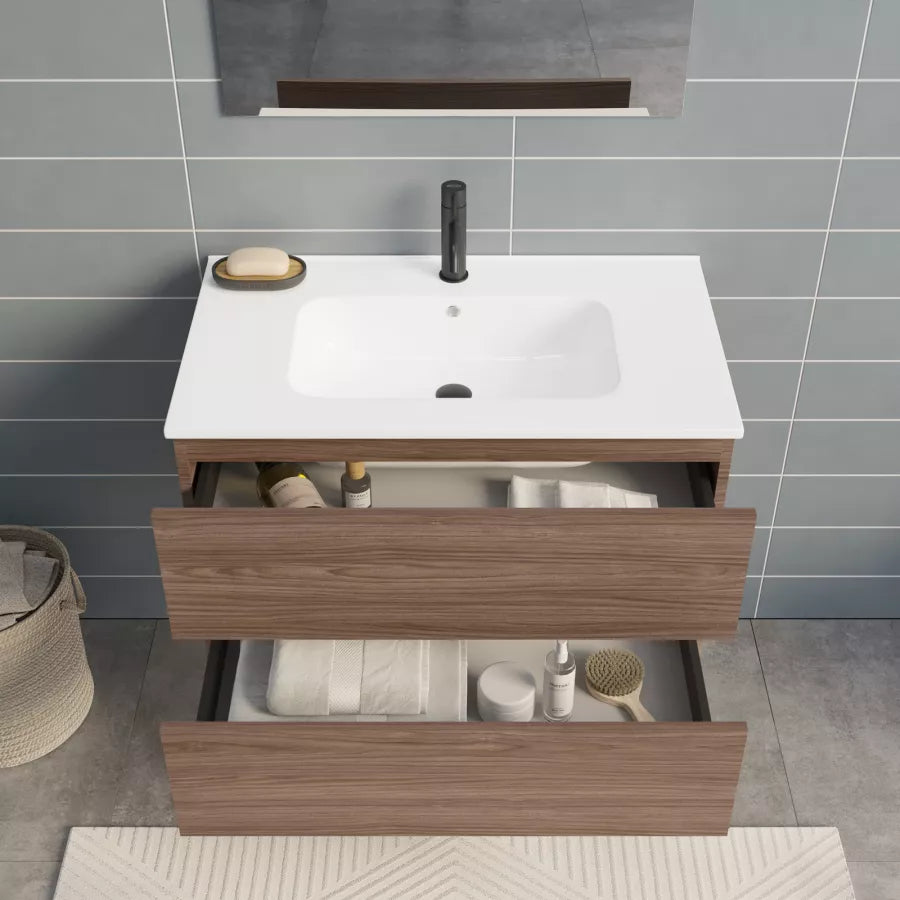 Mobile da bagno sospeso 80 cm con cassetti noce lignum