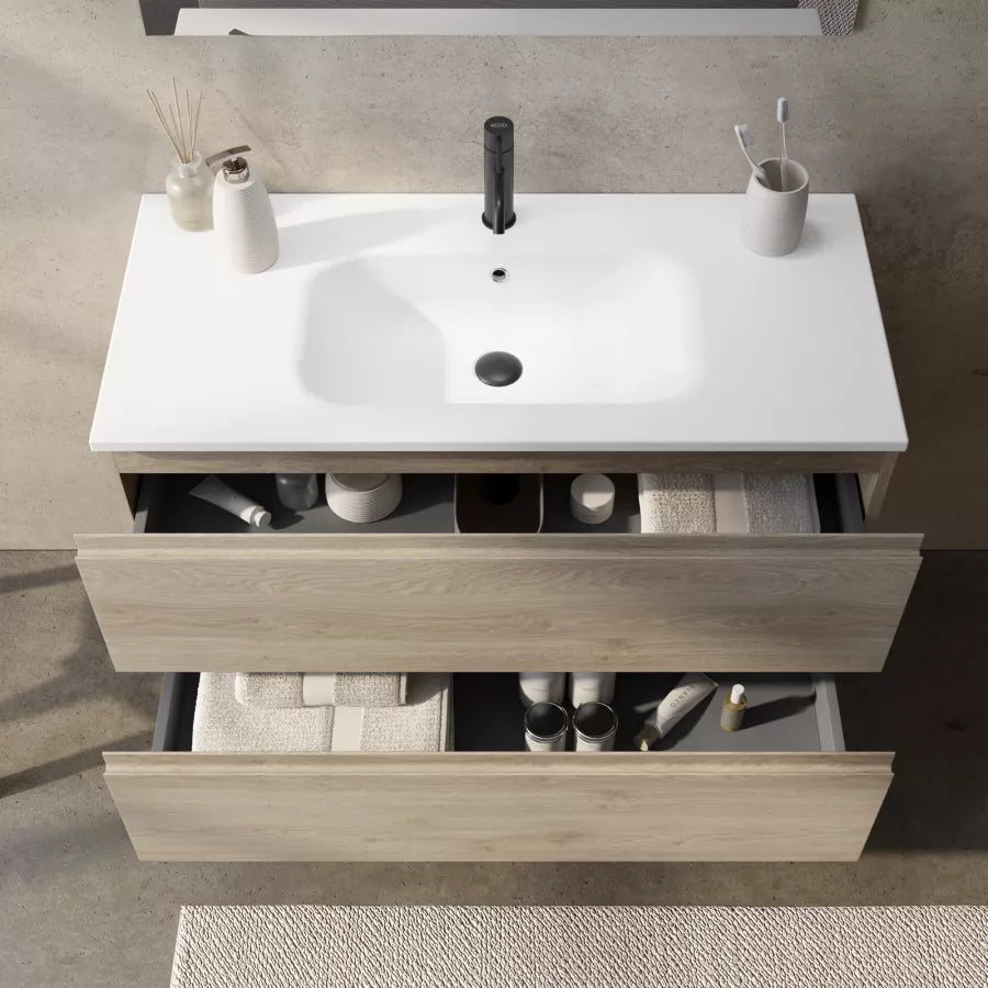 Mobile bagno sospeso 100cm rovere cambridge effetto legno con lavabo opaco integrato e specchio