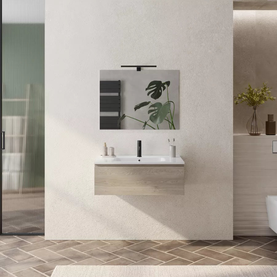 Mobile sospeso 80 cm rovere cambridge effetto legno con lavabo bianco lucido integrato e specchio - Verano