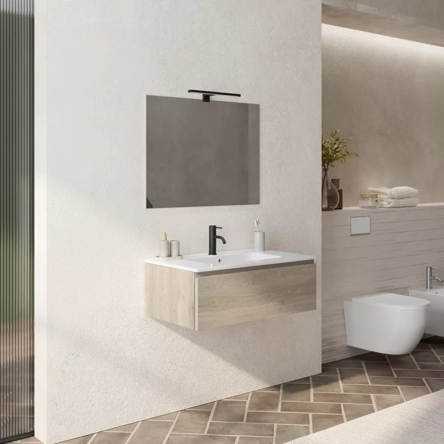 Mobile sospeso 80 cm rovere cambridge effetto legno con lavabo bianco lucido integrato e specchio - Verano