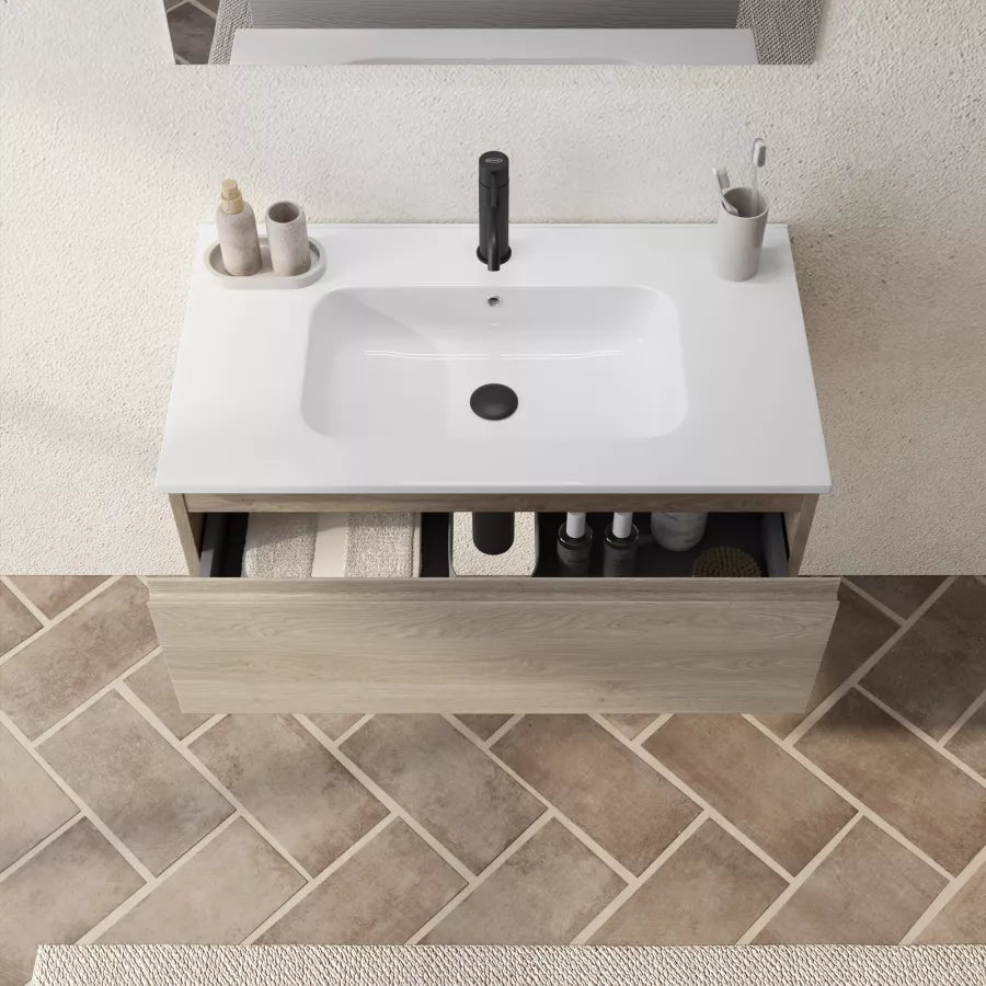 Mobile sospeso 80 cm rovere cambridge effetto legno con lavabo bianco lucido integrato e specchio - Verano