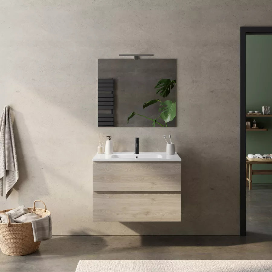 Mobile bagno sospeso 80 cm rovere cambridge effetto legno con lavabo integrato e specchio