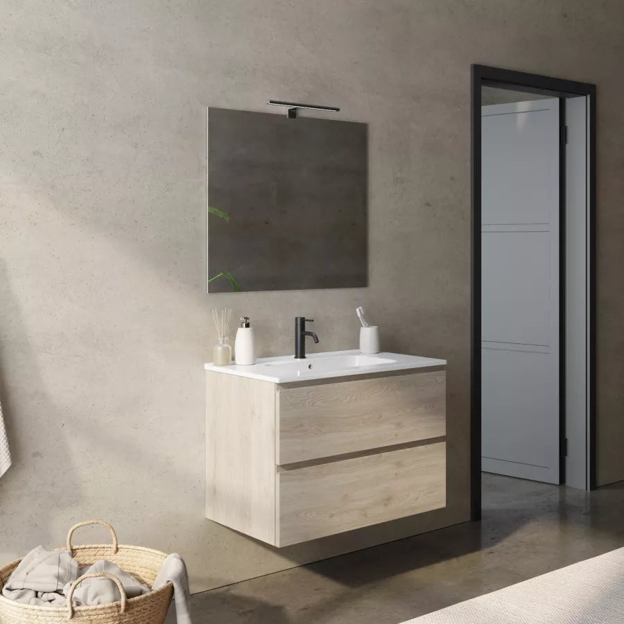 Mobile bagno sospeso 80 cm rovere cambridge effetto legno con lavabo integrato e specchio