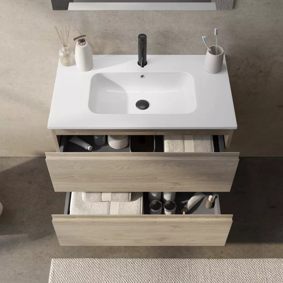 Mobile bagno sospeso 80 cm rovere cambridge effetto legno con lavabo integrato e specchio