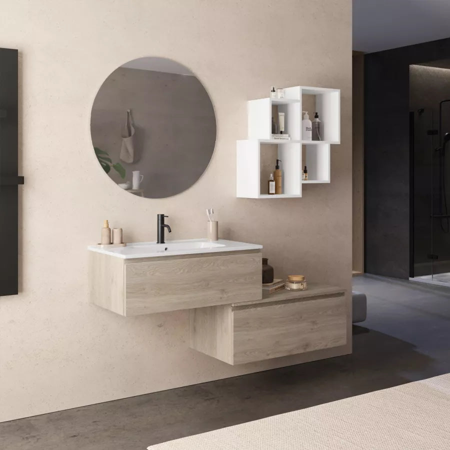 Mobile sospeso 80 cm rovere con cassettone rovere cambridge effetto legno lavabo integrato e specchio