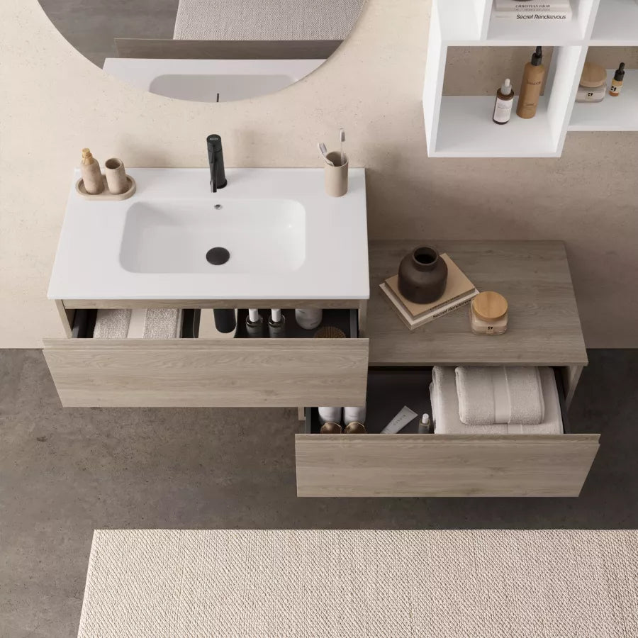 Mobile sospeso 80 cm rovere con cassettone rovere cambridge effetto legno lavabo integrato e specchio