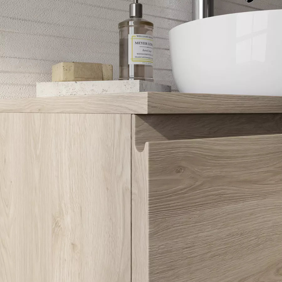 Mobile sospeso 80 cm rovere con cassettone rovere cambridge effetto legno lavabo integrato e specchio