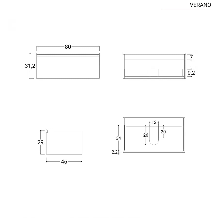 Mobile sospeso 80 cm rovere con cassettone rovere cambridge effetto legno lavabo integrato e specchio