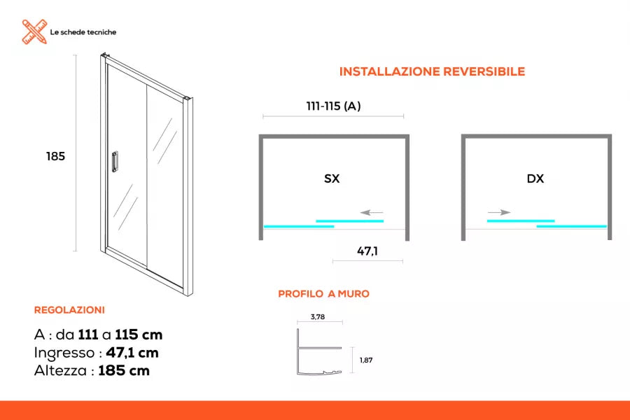 Nicchia doccia 115 cm scorrevole vetro temperato 6mm stampato 185h - Young
