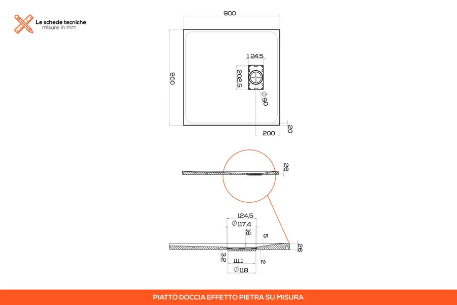 Piatto doccia Rok 80x80/90x90 grigio ultraslim effetto pietra su misura