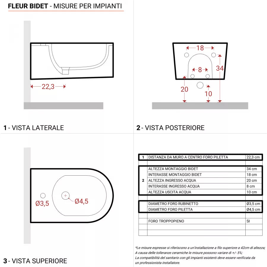 Sanitari sospesi rimless wc e bidet ceramica lucida Fleur con copriwc soft-close