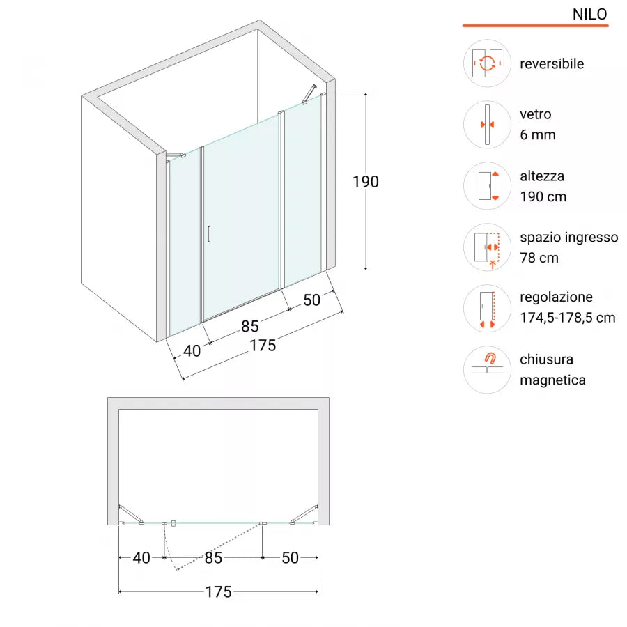 Box doccia nicchia 175cm 50 giunto + 85 battente + 40 fisso trasparente 190h