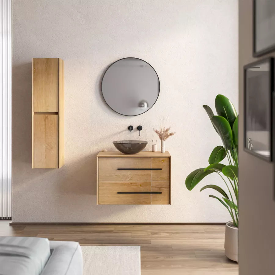 Mobile bagno sospeso 80 cm portalavabo rovere chiaro con specchio - Riven