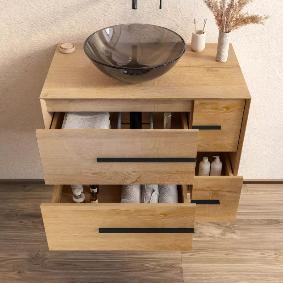 Mobile bagno sospeso 80 cm portalavabo rovere chiaro con specchio - Riven